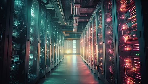Equipos de laboratorio de computación futuristas en fila generados por IA